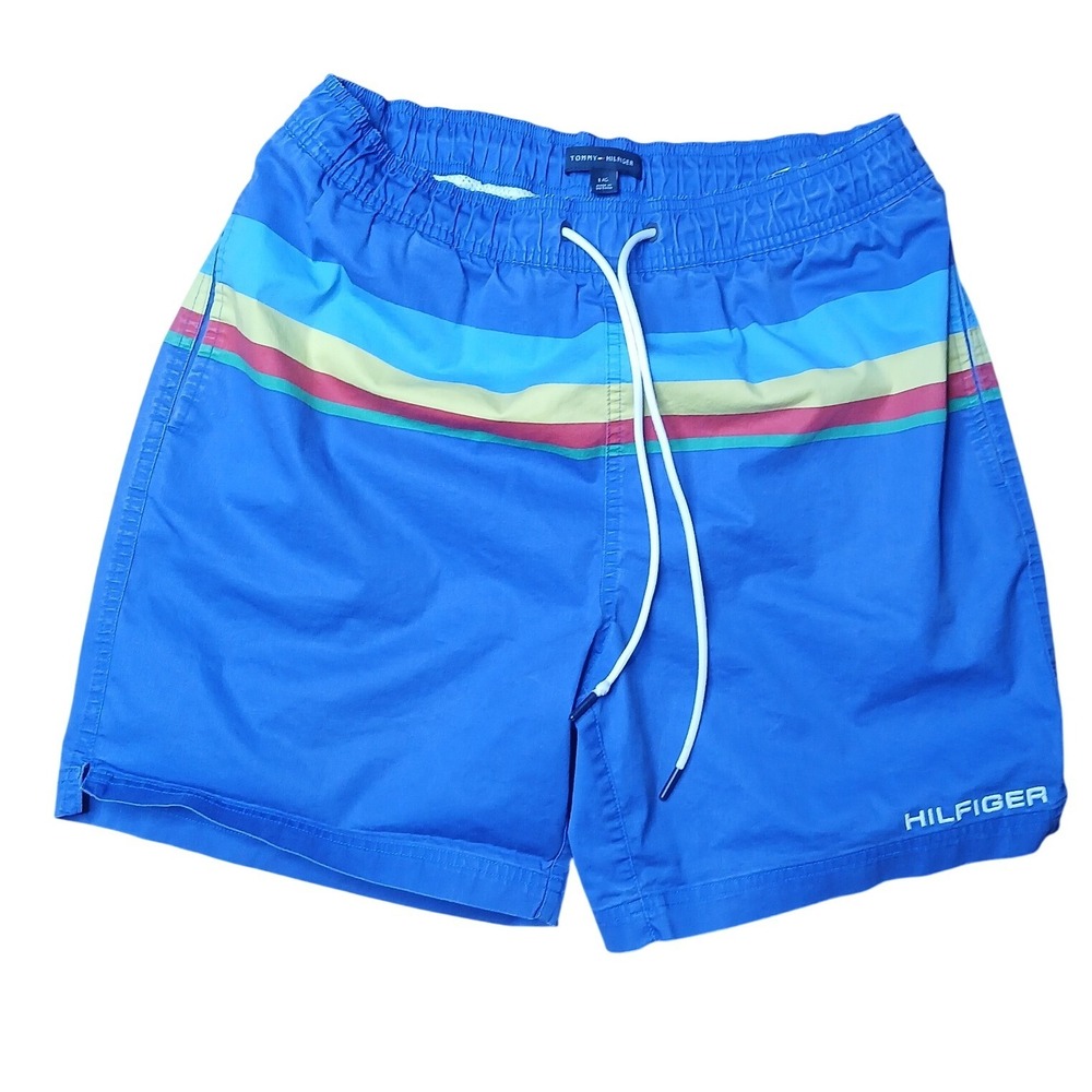 Tommy Hilfiger Swim Trunks Mens Large Blue Striped Drawstring Mesh Lined Shorts